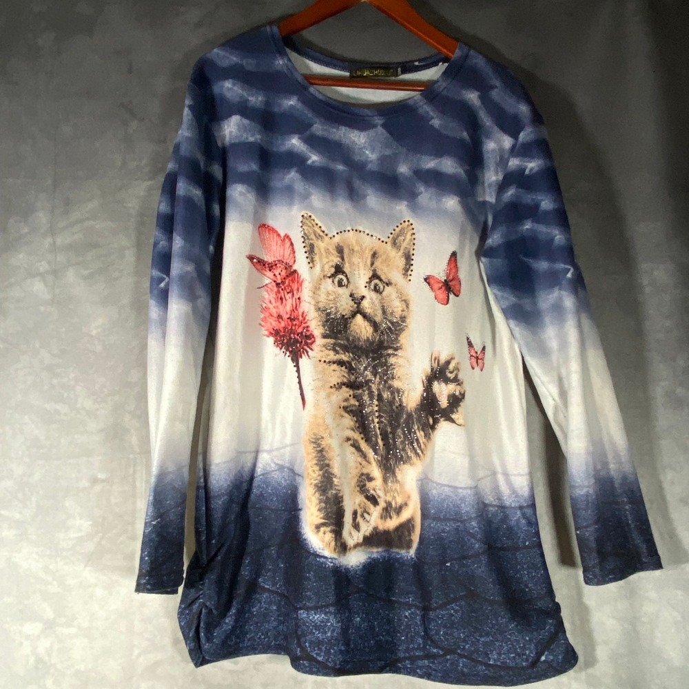 Lihuazhuxiu Cat‎ Long Sleeve Tunic Top S/M Kitten Butterfly Rhinestone Graphic